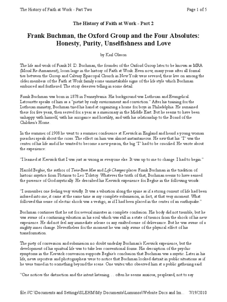 Frank buchman the oxford group and the four absolutes honesty purity