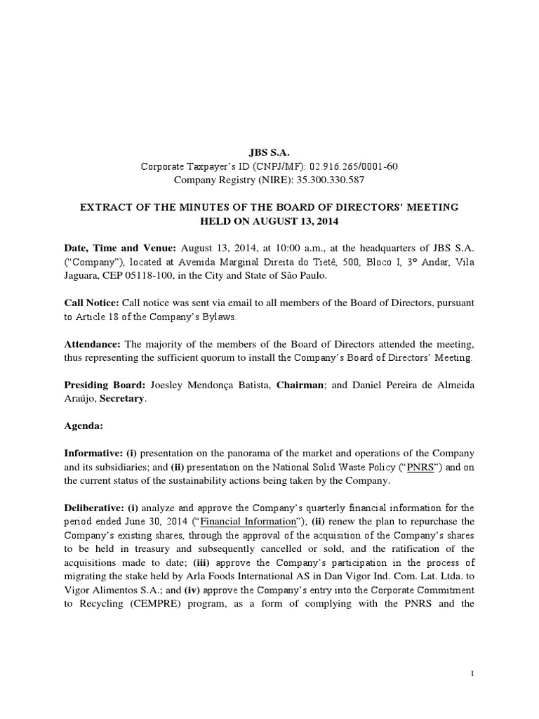 Extract of The Minutes of The Board of Directors? Meeting Held On