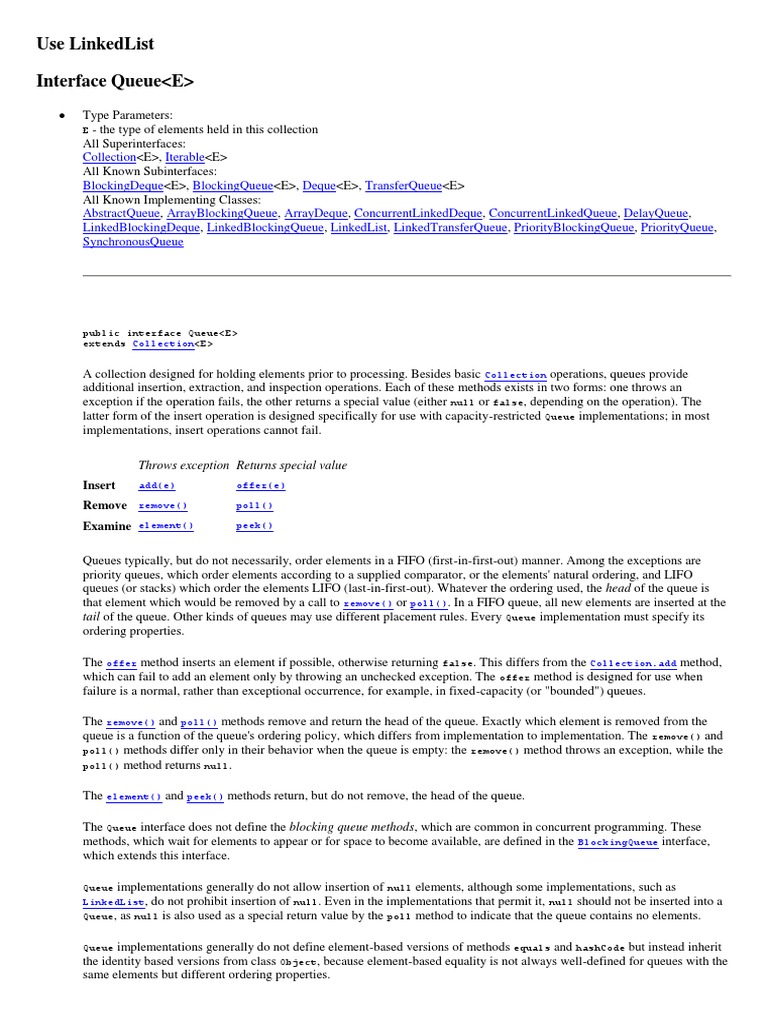 Use Linkedlist Interface Queue Throws Exception Returns Special Value