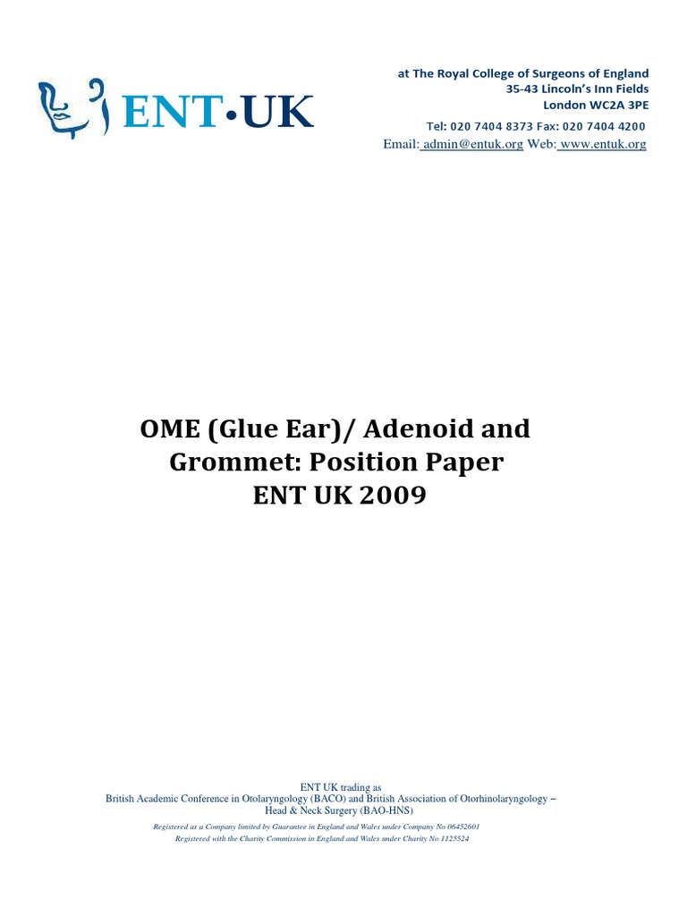 OME (Glue Ear) / Adenoid and Grommet Position Paper ENT UK 2009 PDF Surgery Hearing Loss