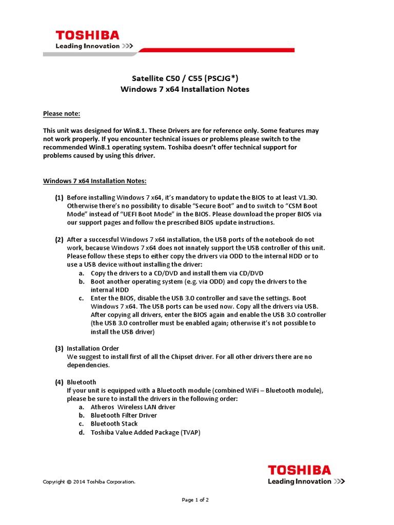 Satellite C50 / C55 (PSCJG ) Windows 7 X64 Installation Notes.