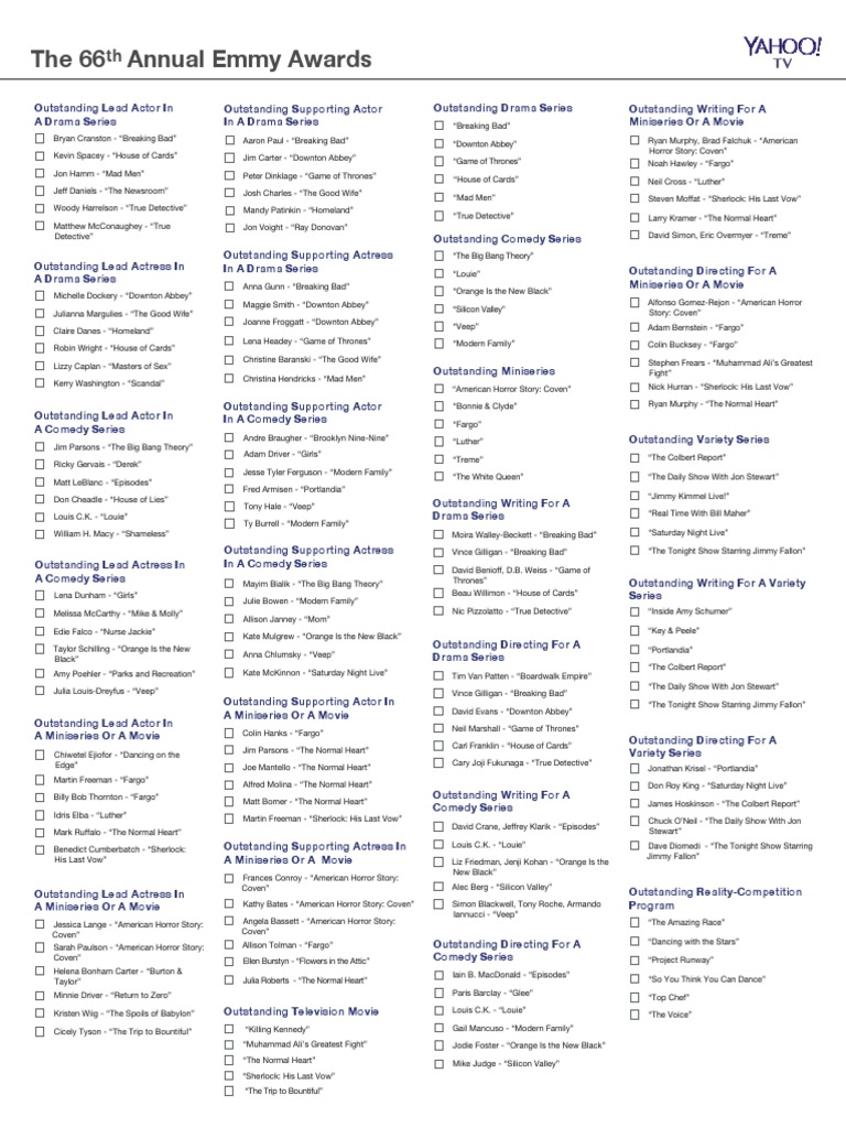 Yahoo 66th Emmys Scorecard | PDF | Television Award Winners ...