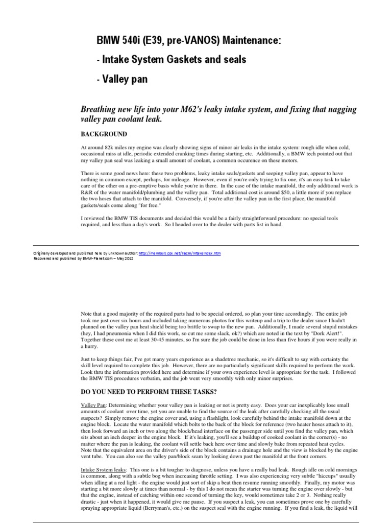 BMW E39 540i Valley Pan and Intake System Gaskets DIY PDF Throttle
