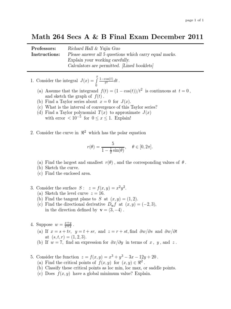 Math 264 Final Exam December 2011 | PDF