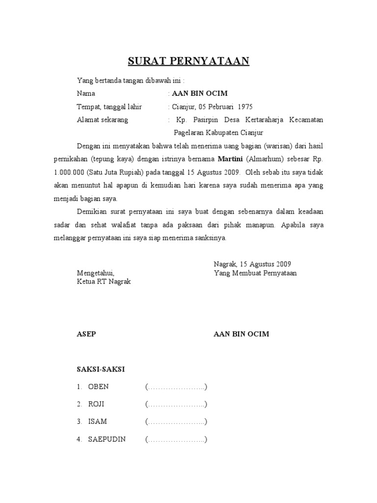 Contoh Surat Perrnyataan Warisan Pdf