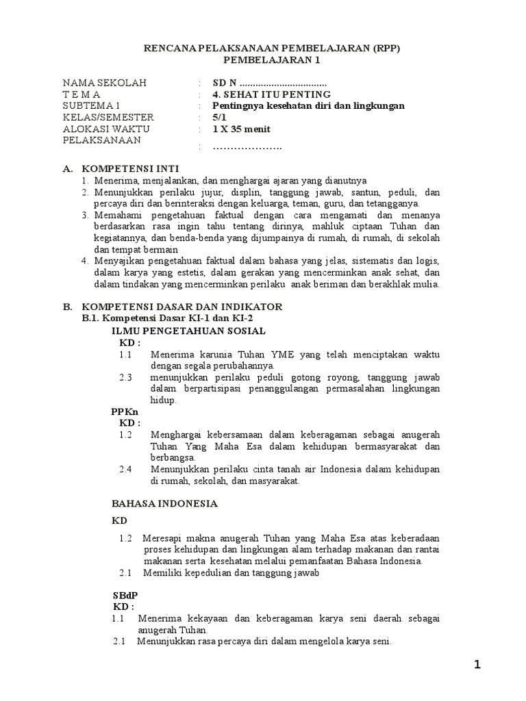 Rpp Kelas 5 Sehat Itu Penting Pembelajaran 1