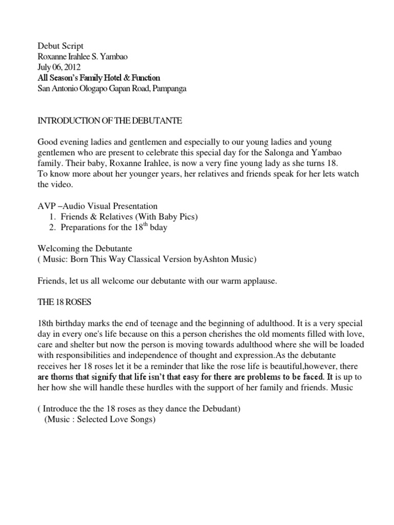 Debut Celebration Script for Roxanne | PDF | Birthdays | Leisure