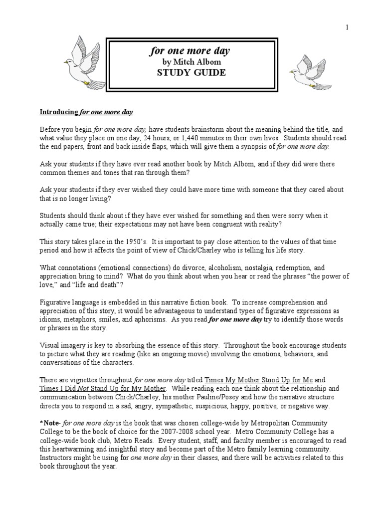 For One More Day Study Guide (Metro) Revised 12-07 | PDF | Narrative ...