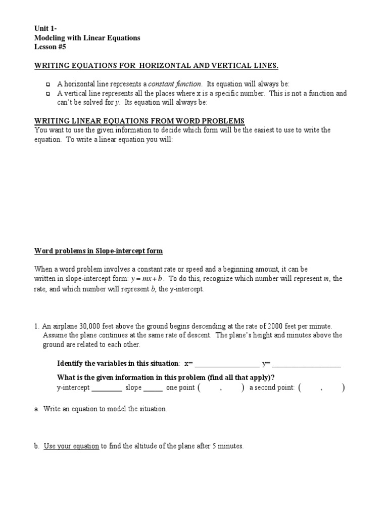Writing Linear Equations From Word Problems  Mathematical Objects