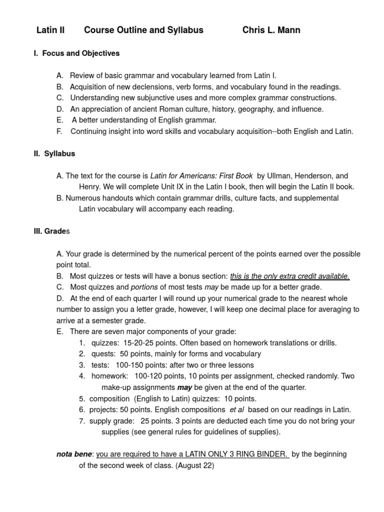 Latin 2 Syllabus | PDF | Foreign Language Studies