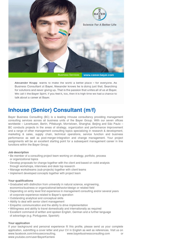 Inhouse Senior Consultant M F Business Services Bayer Consultant