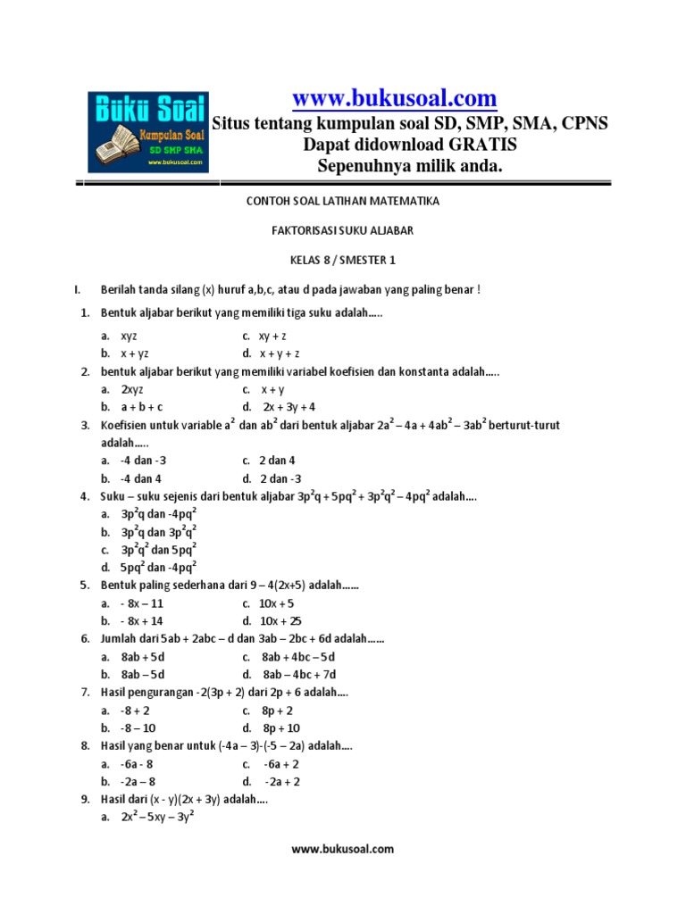 1 Contoh Soal Latihan Matematika Faktorisasi Suku Aljabar 1 Contoh Soal Latihan Matematika Faktorisasi Suku Aljabar