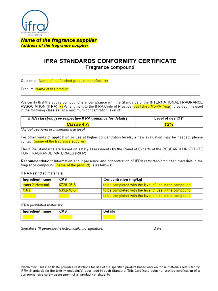 IFRA Certificate Template  PDF For Certificate Of Conformity Template