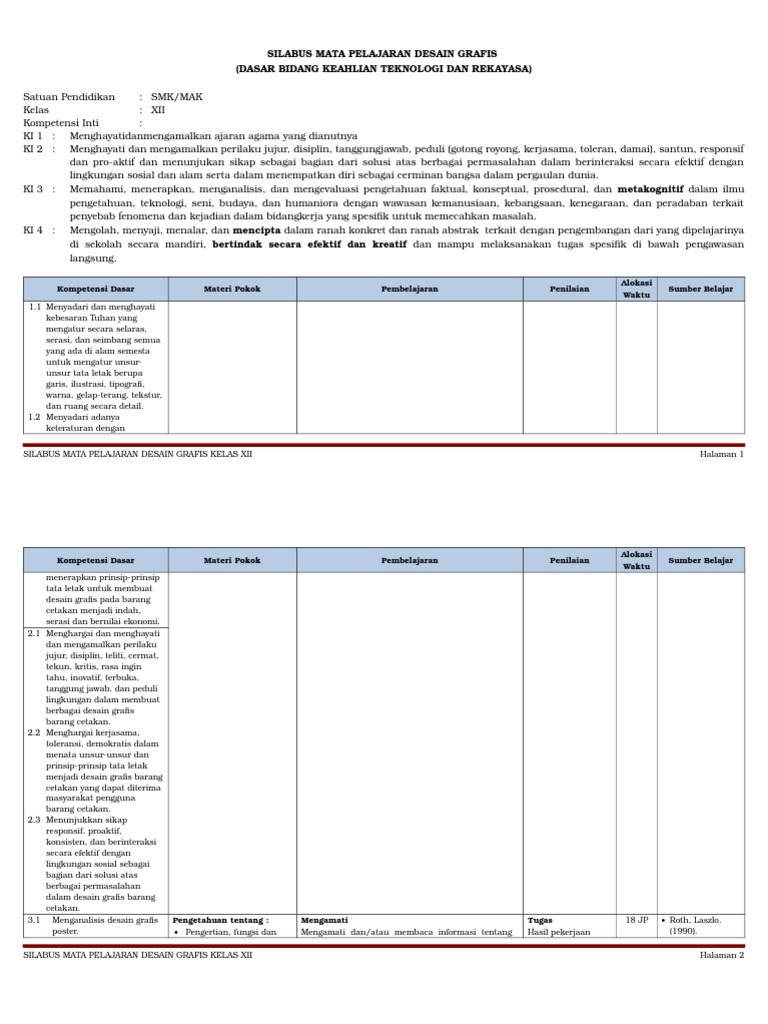  Silabus  Mata Pelajaran Desain  Grafis  Kelas Xii