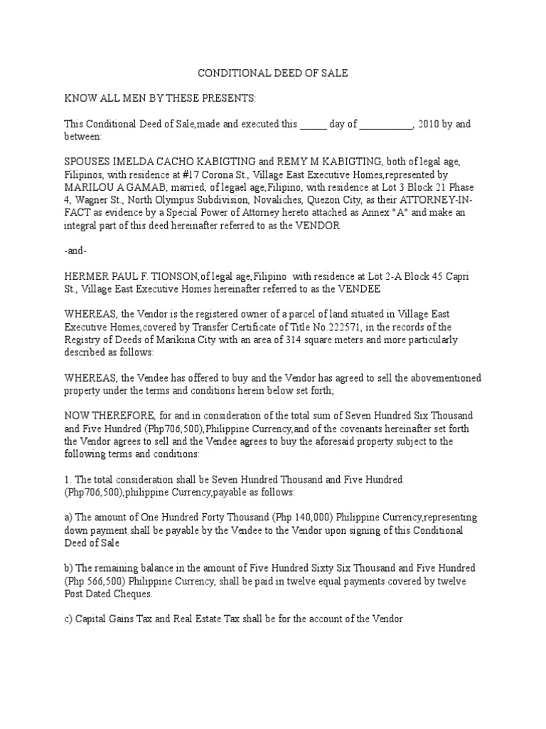Conditional Deed Of Sale