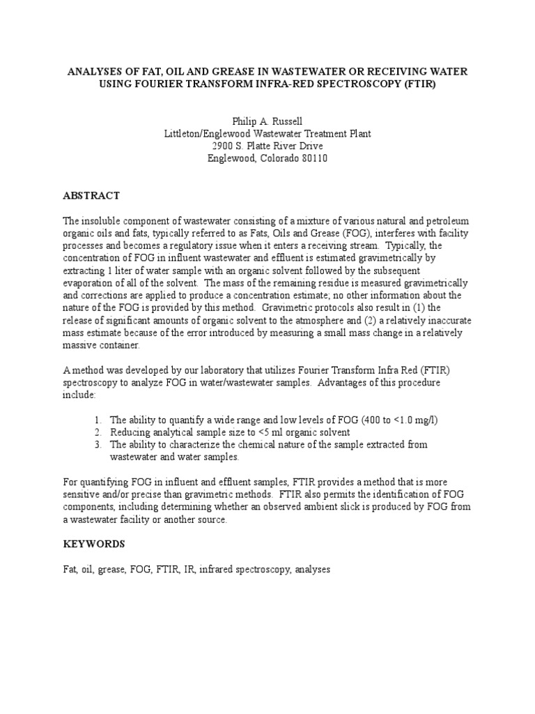 Analyses of Fat Oil and Grease in Wastewater or Receiving Water
