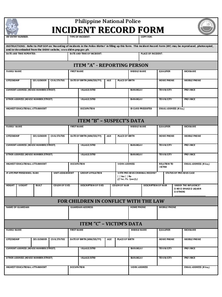 PNP Incident Record Form (IRF) | PDF | Police Officer | Police