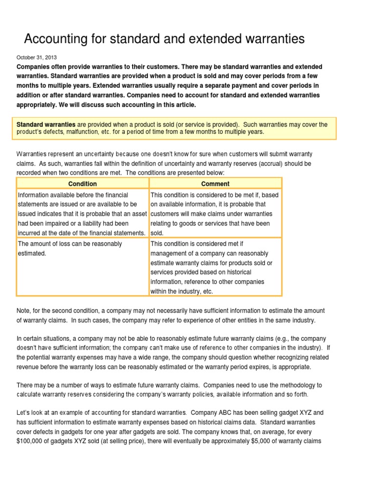 Accounting For Standard and Extended Warranties PDF Debits And