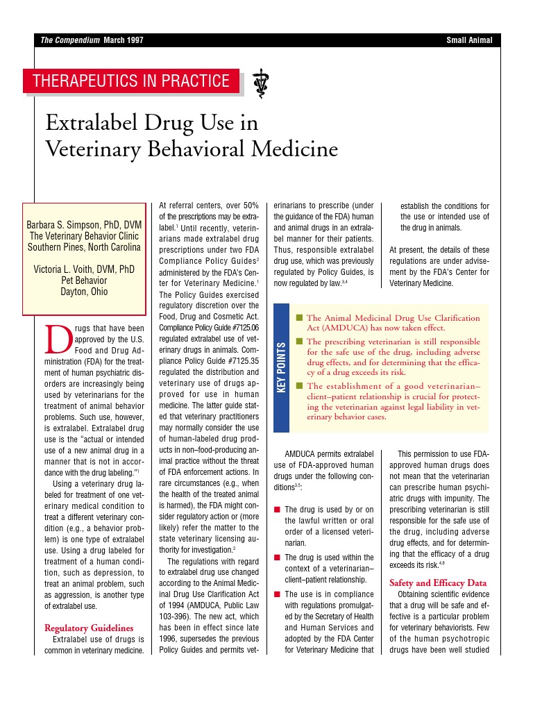 Extra Label Drug Use in Veterinary Behavioral Medicine Veterinary