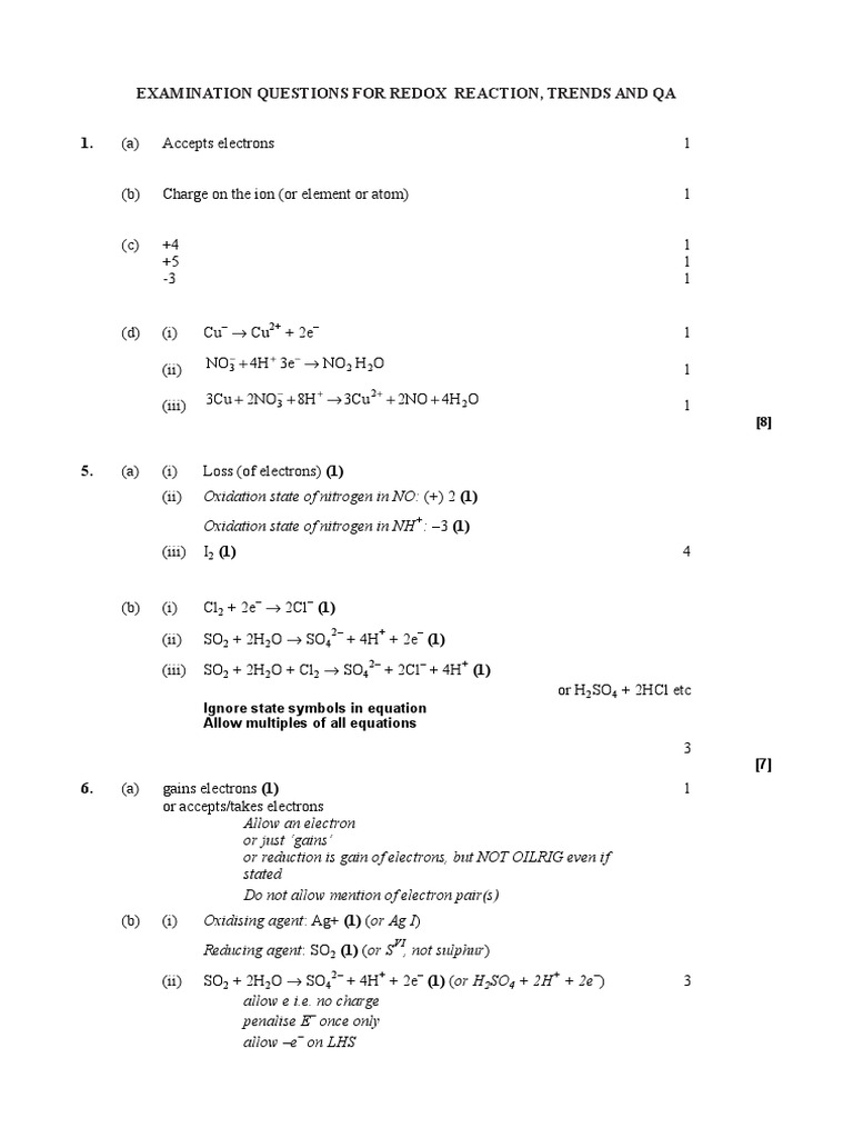 Redox Reaction Exam Questions and Trends | PDF | Chemical Bond | Ion