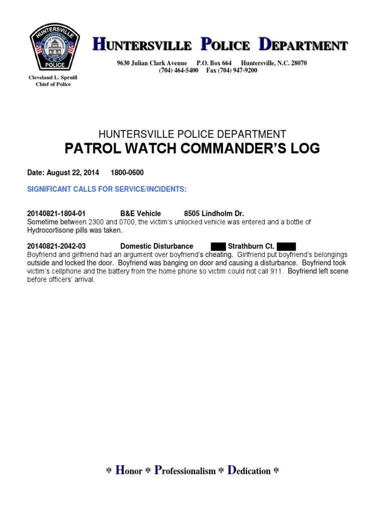 Huntersville Police Incident Log - Aug 2014 | PDF