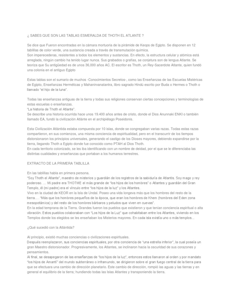 Tablas Esmeralda de Thoth El Atlante PDF Mito de la inundación