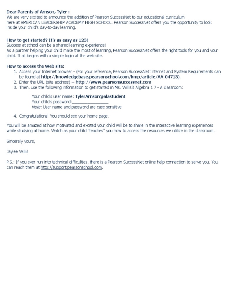 Parent Guide to Pearson SuccessNet | PDF | Web Browser | Websites