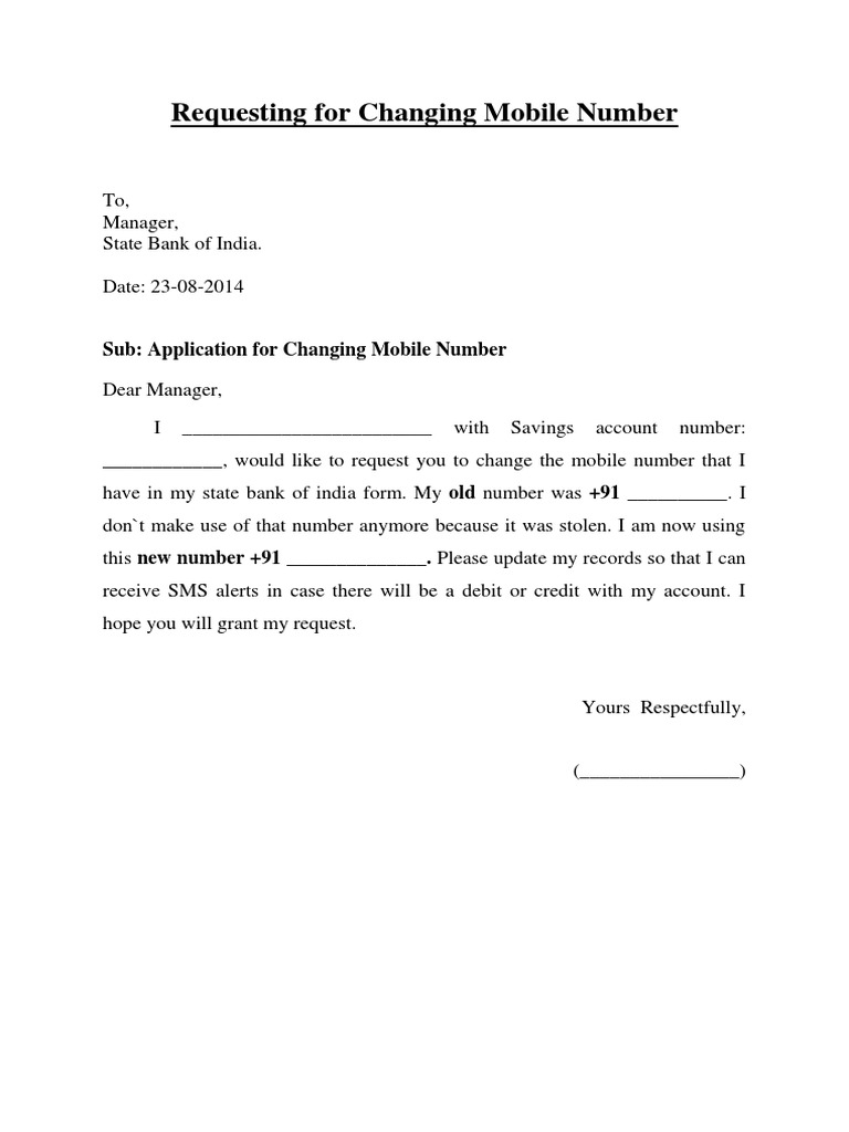 SBI Mobile Number Change Request | PDF