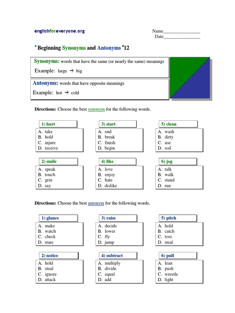 Synonyms and Antonyms Exercises | PDF