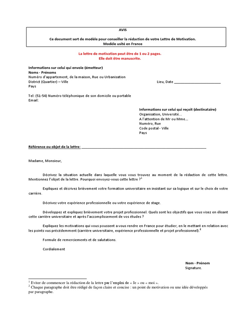 Exemple De Lettre De Motivation En Francais Pdf Pdf