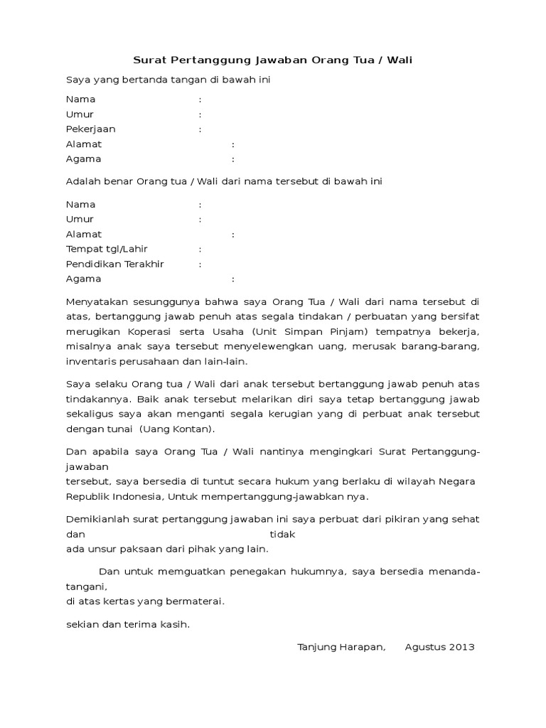 Surat Pertanggung Jawaban Orang Tua Pdf