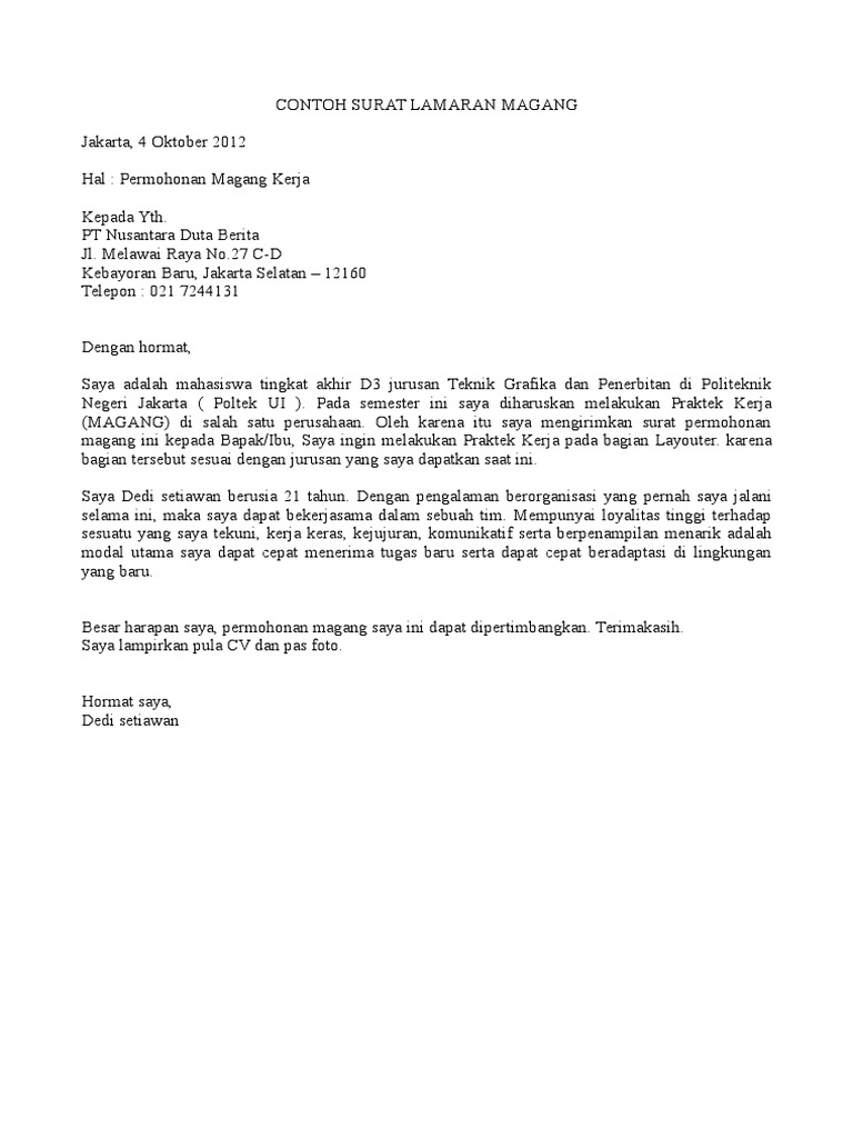 Contoh Surat Lamaran Magang