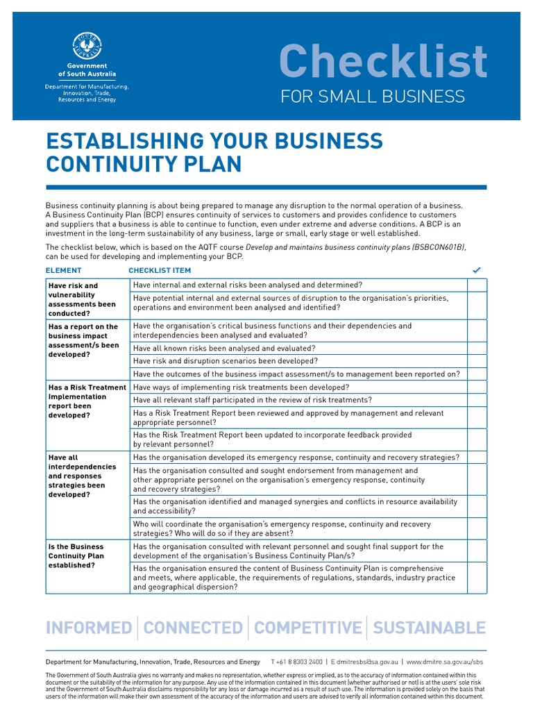 Checklist Establishing Your Business Continuity Plan Proof 1 Business Continuity Risk