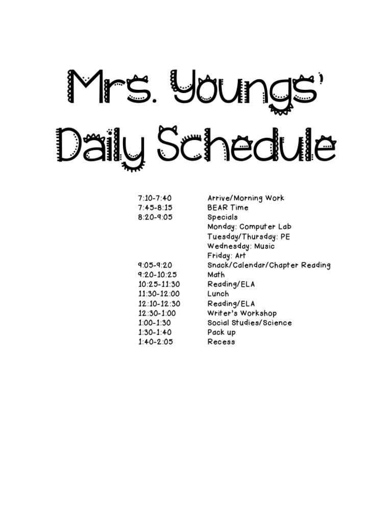 Mrs. Youngs' Daily School Schedule | PDF | Language Arts & Discipline
