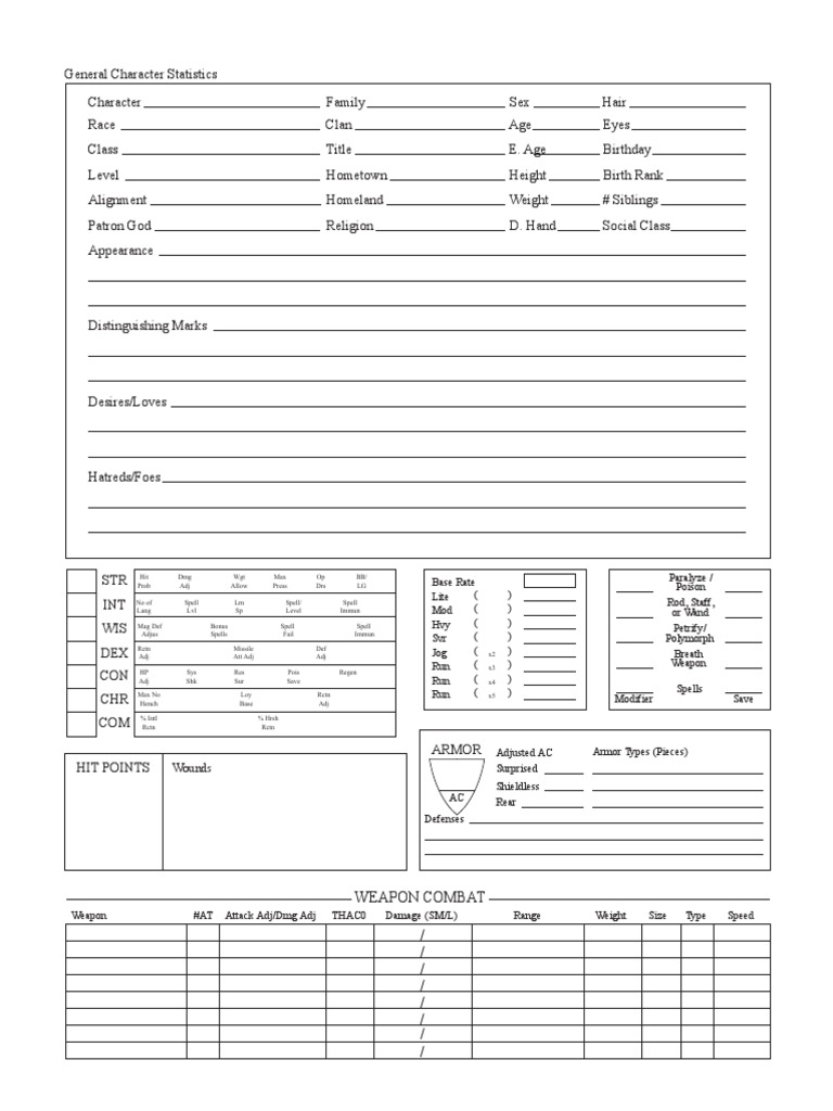 AD&D 2E Character Sheet Template | PDF