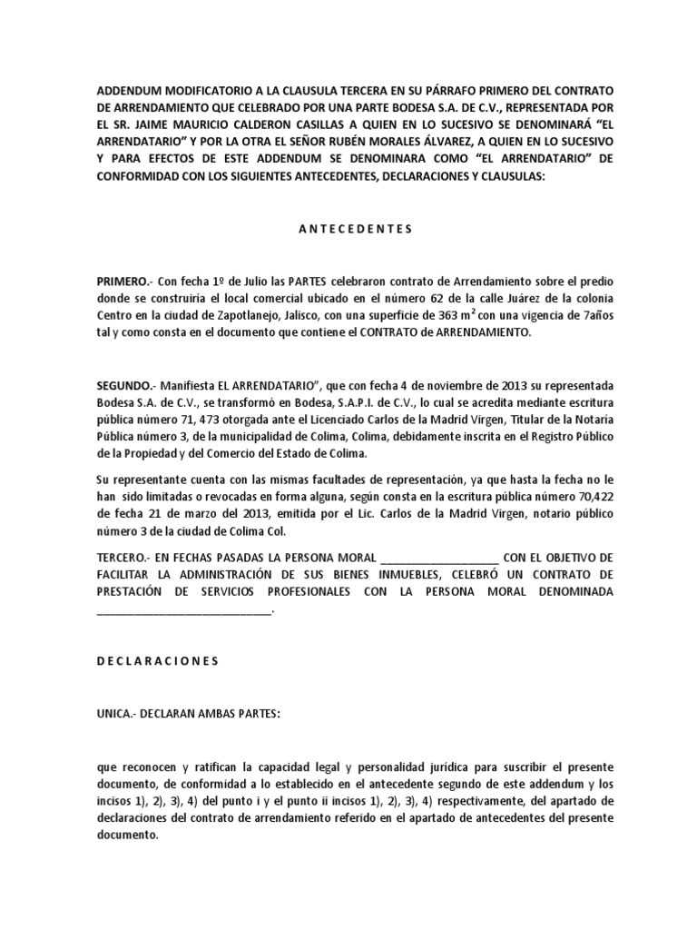 Addendum a contrato de arrendamiento