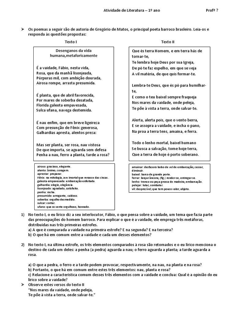 Questoes Sobre O Barroco Brasileiro Com Gabarito