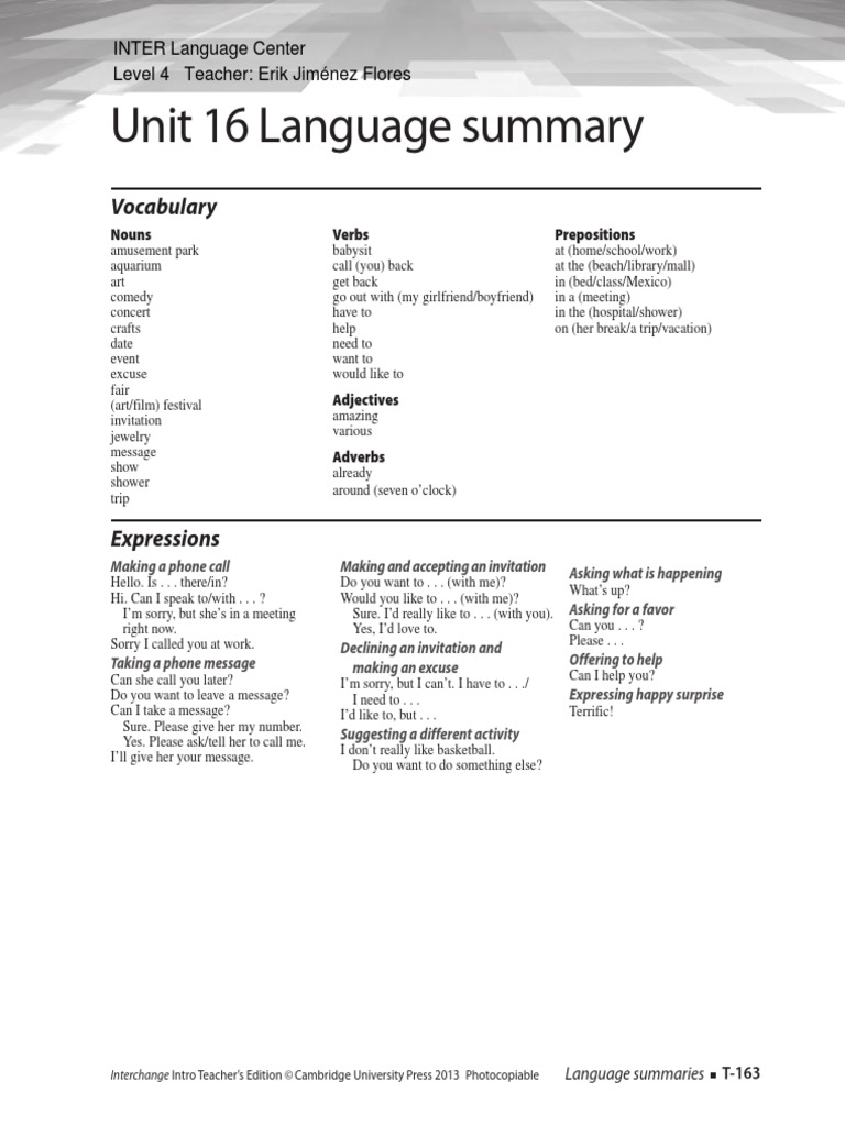 Unit 16 Language Summary: Vocabulary | PDF | Foreign Language Studies