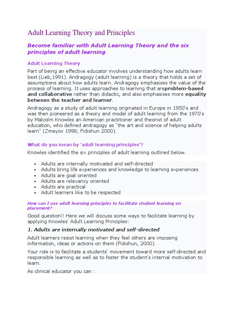 Adult Learning Theory and Principles | PDF | Adult Education | Learning