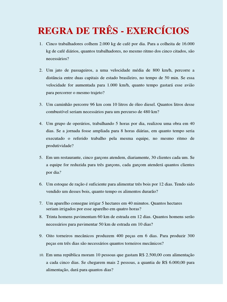 Exercícios de Regra de Três Prática | PDF | Casa e Jardim