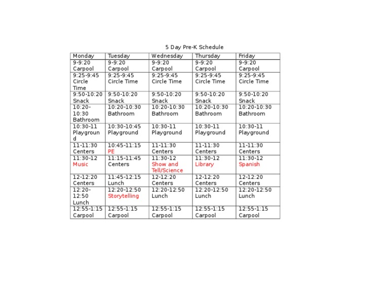 Weekly Pre-K Daily Schedule | PDF | Art