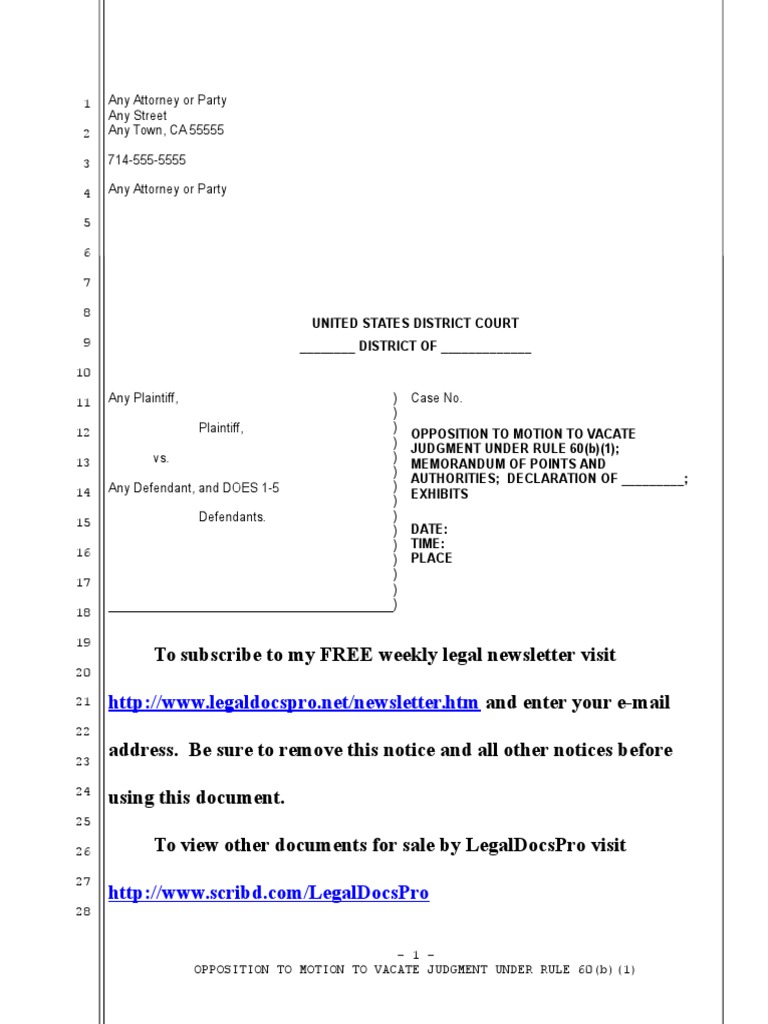 Sample Opposition to Rule 60(b)(1) Motion to Vacate Judgment Complaint Federal Rules Of