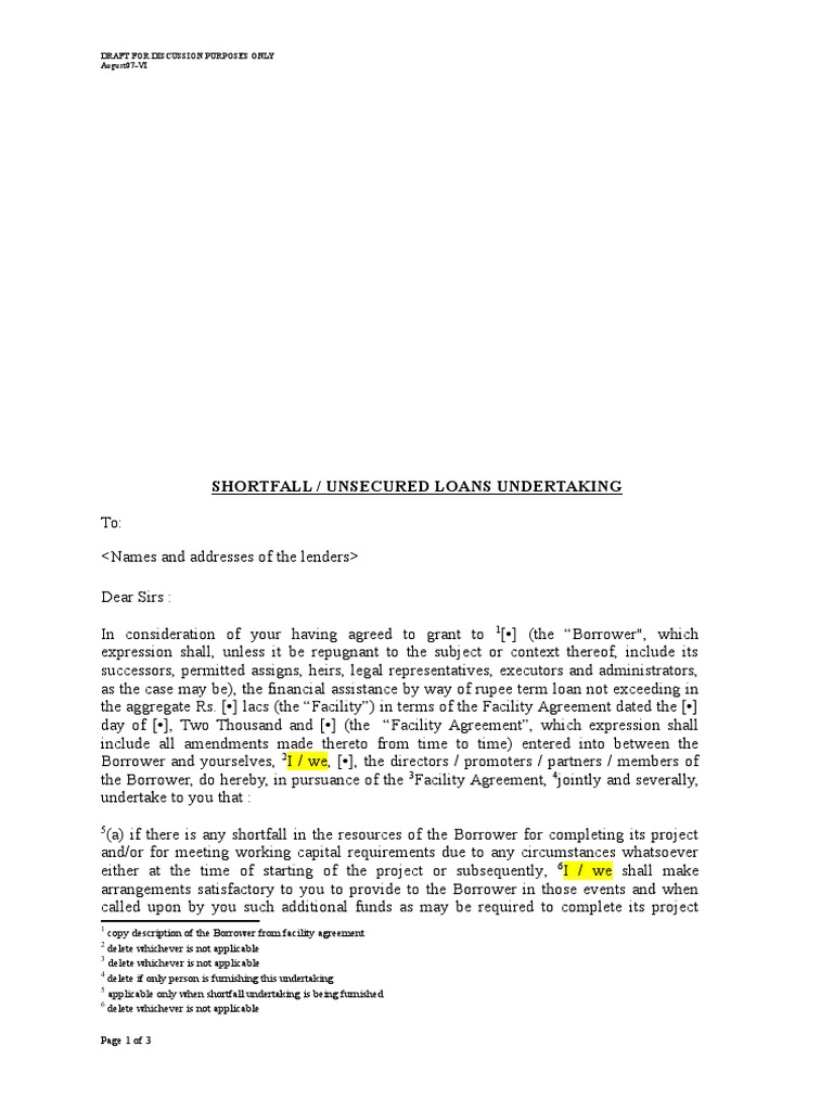 Shortfall / Unsecured Loans Undertaking: Draft For Discussion Purposes ...