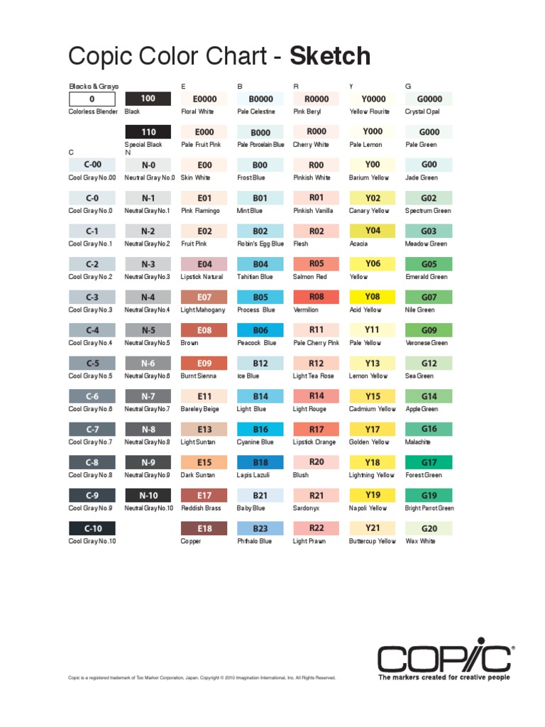 Copic Color Chart Art Materials Color