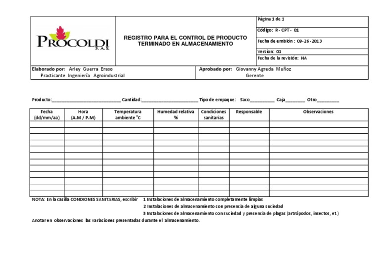 Registro para El Control de Producto Terminado en Almacenamiento | PDF