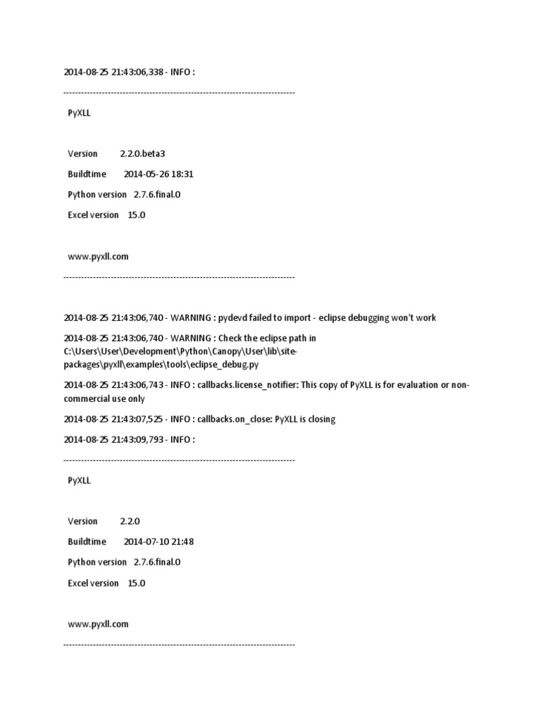 PyXLL Version Logs and Errors | PDF | Debugging | Microsoft Excel
