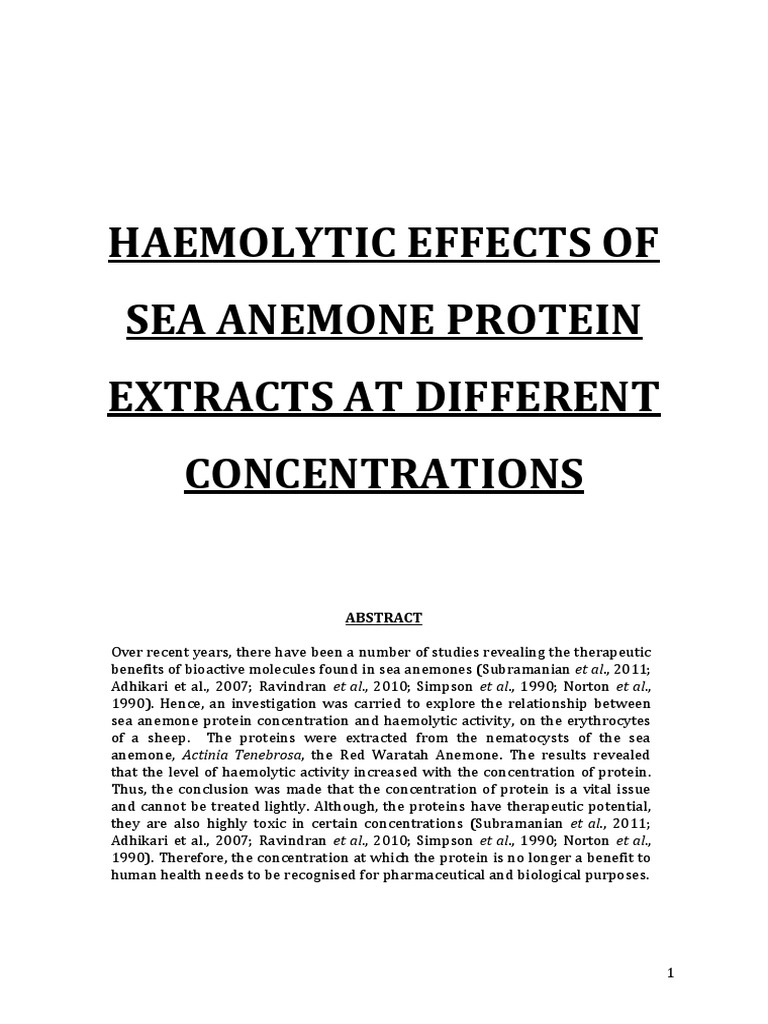 Haemolytic Effects of Sea Anemone Proteins | PDF | Chemistry | Biology