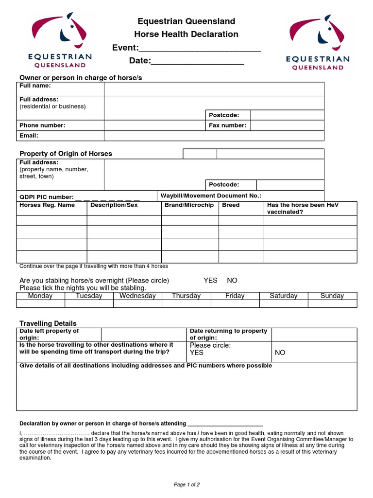 Biosecurity Horse Health Declaration PDF Horses Business