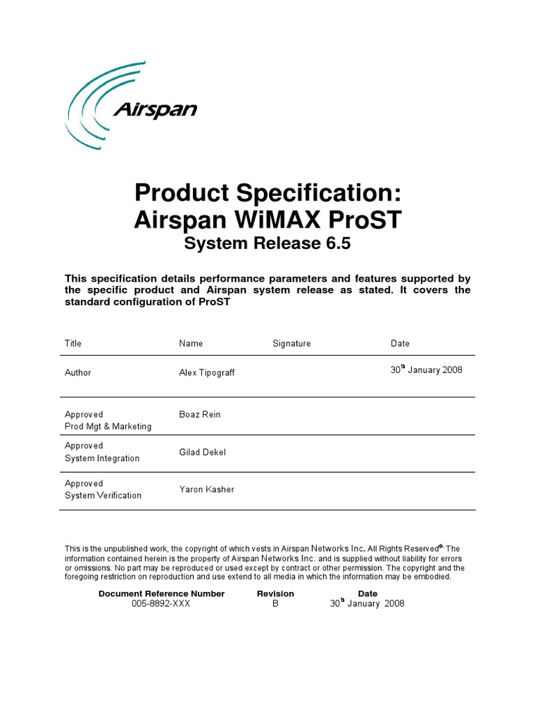 Airspan WiMAX ProST Specification - SR 6.5 Revision B | PDF | Wi Fi ...