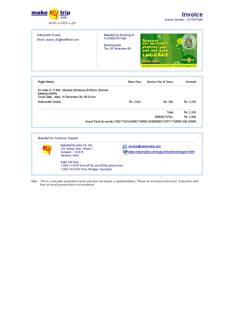 MakeMyTrip Invoice and Support Info | PDF